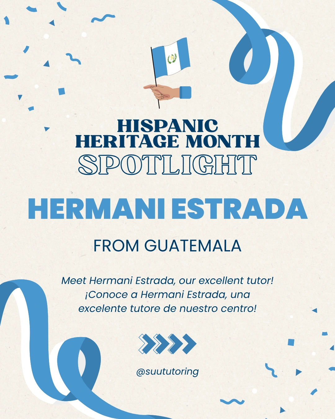 Hispanic Heritage Month spotlight cover introducing Hermani Estrada from Guatemala, with flowing blue ribbons on textured paper