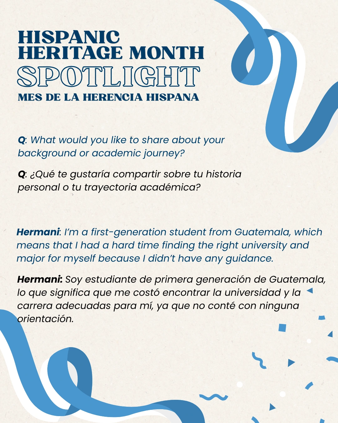 English–Spanish academic-journey text slide with flowing blue ribbons on textured paper, without a portrait