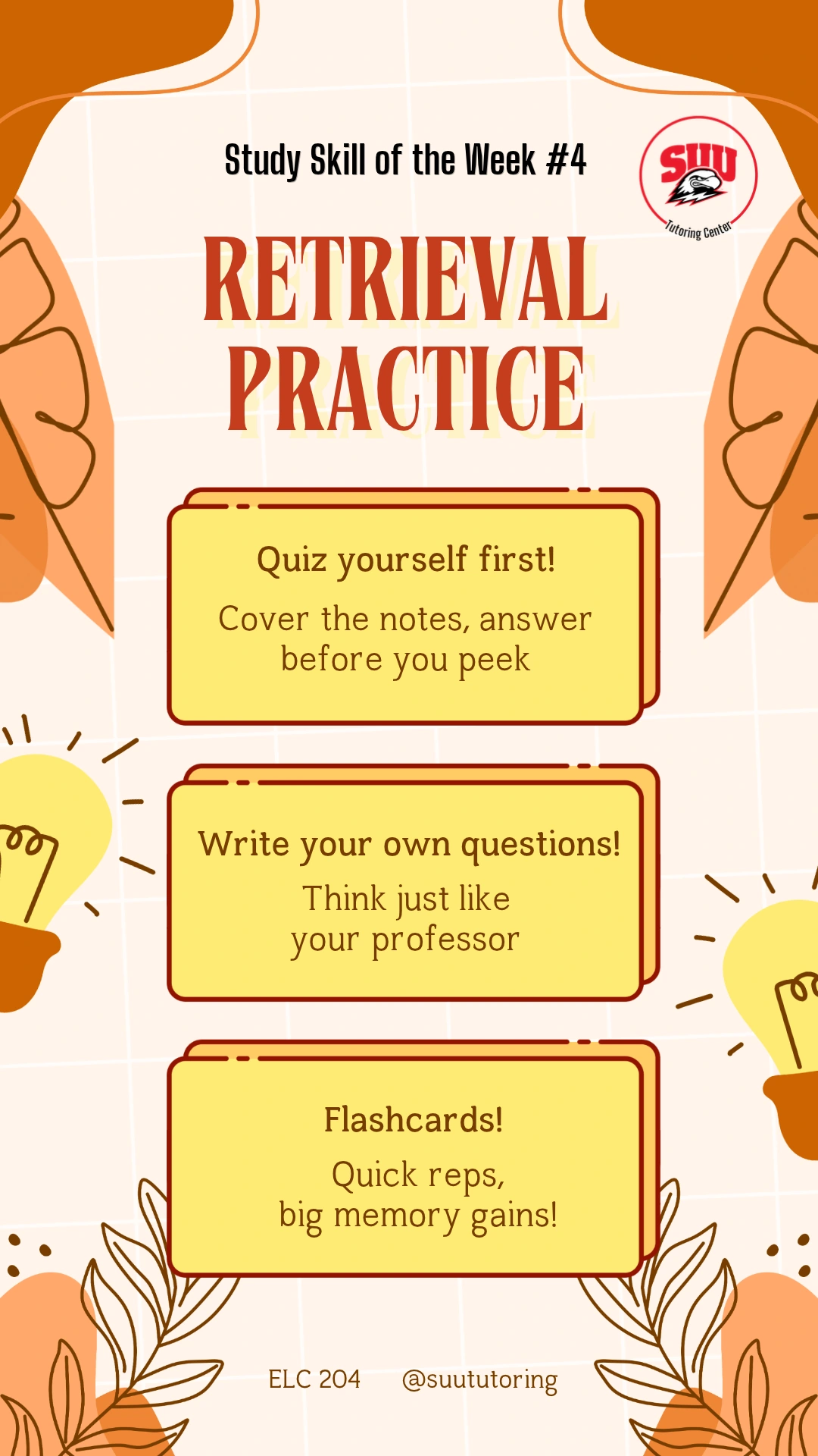 Warm orange and cream Retrieval Practice story with illustrated cards for self-quizzing, writing questions, and flashcards