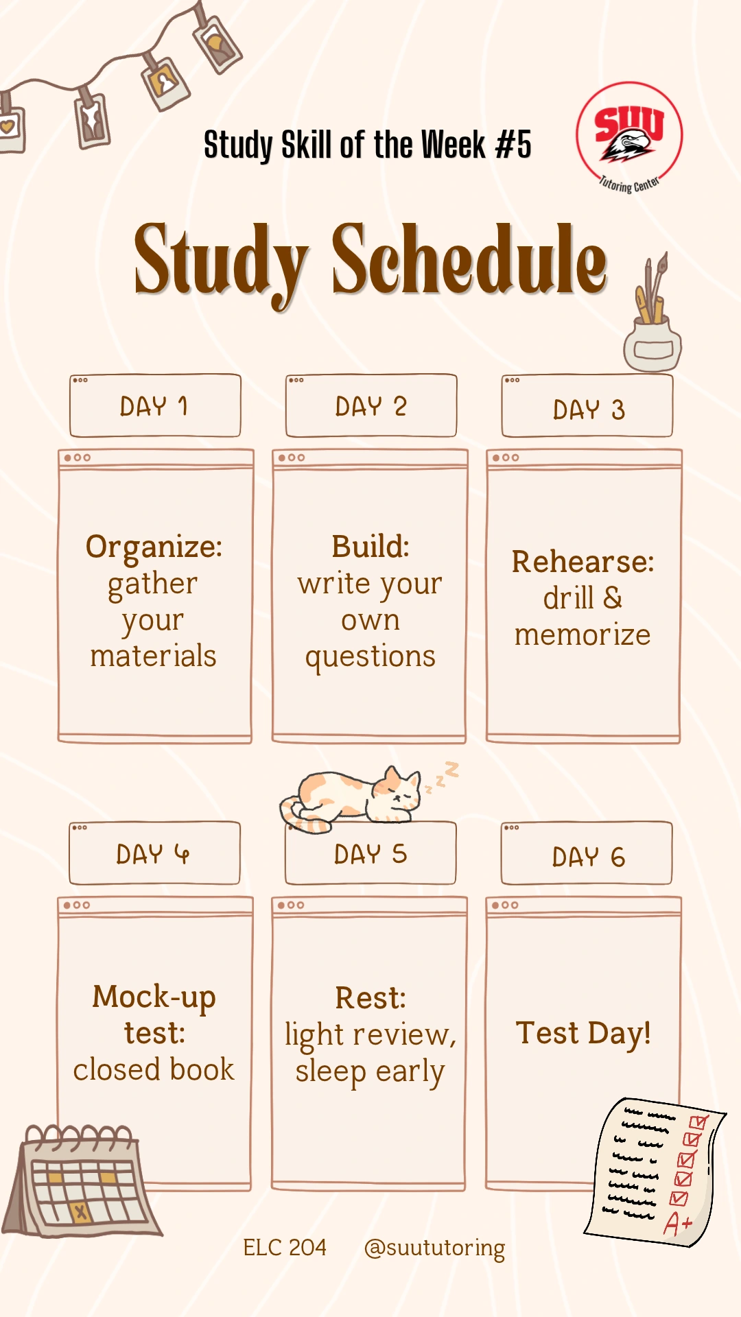 Study Schedule story arranging six days of preparation into a cream-colored timetable with hand-drawn study illustrations